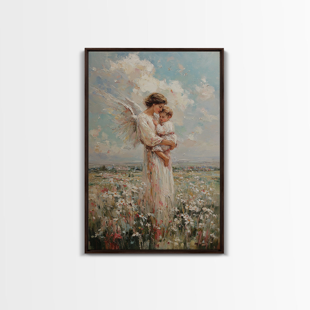 Angel Mother And Baby In Wildflower Meadow Wall Art, Christian Nursery Decor, Motherhood Gift, Fine Art Print, Serene Home Decor