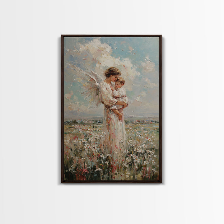 Angel Mother And Baby In Wildflower Meadow Wall Art, Christian Nursery Decor, Motherhood Gift, Fine Art Print, Serene Home Decor