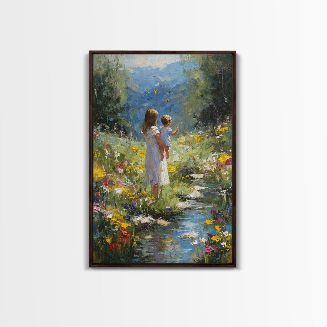 Mother And Child By Mountain Stream Wall Art, Wildflower Landscape Painting, Nature Wall Art, Nursery Decor, Housewarming Gift