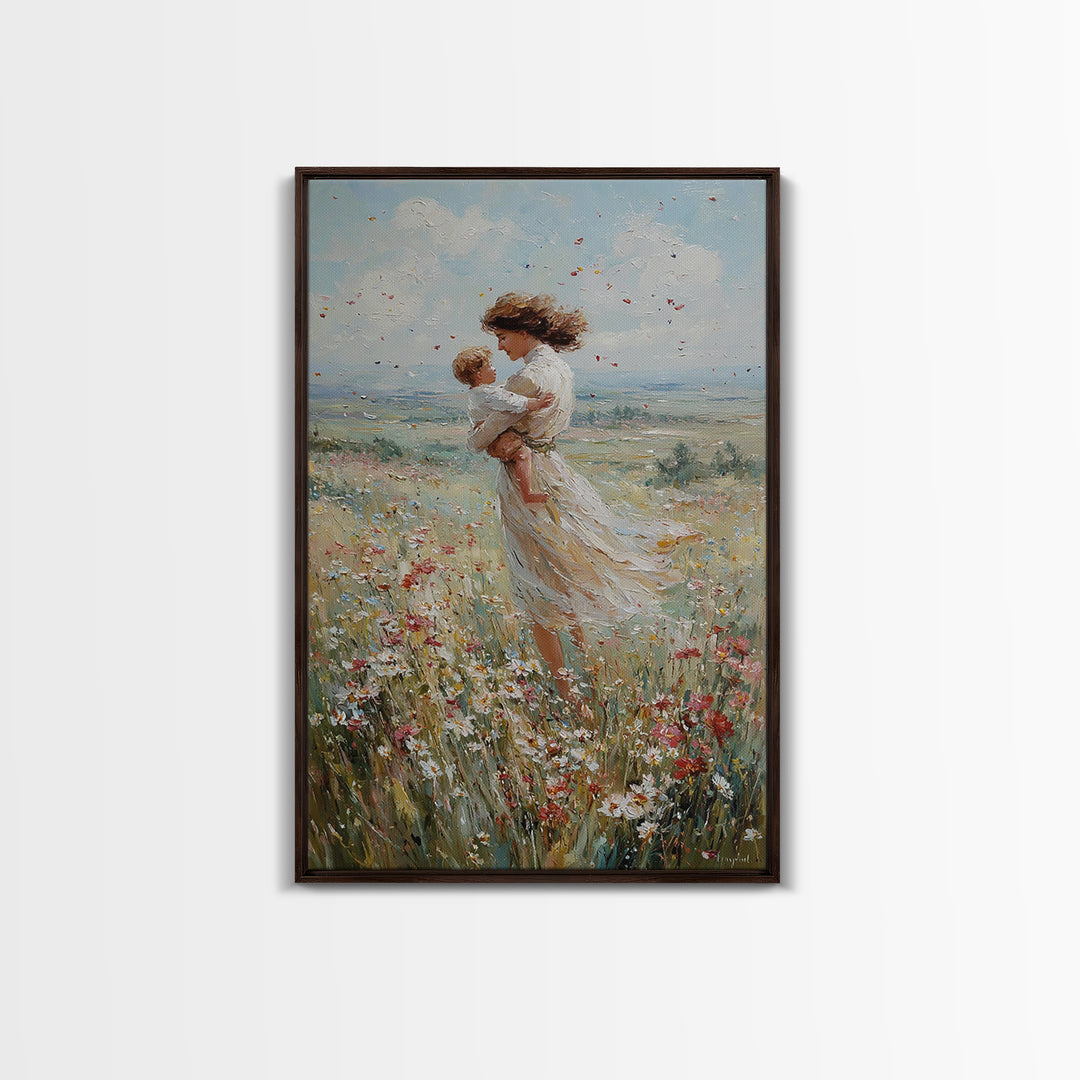 Windswept Mother Holding Baby In Daisy Field Framed Canvas Print, Floral Wall Art, Motherhood Gift, Romantic Bedroom Art