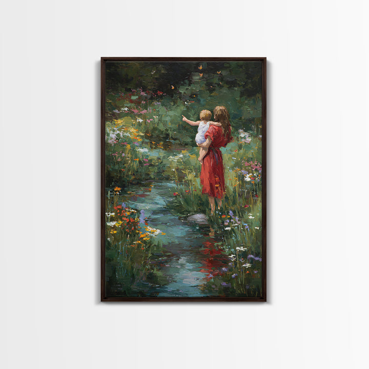 Mother In Red Dress With Child By Garden Stream Wall Art, Moody Floral Art, Nature Wall Decor, Gift For Her, Fine Art Print