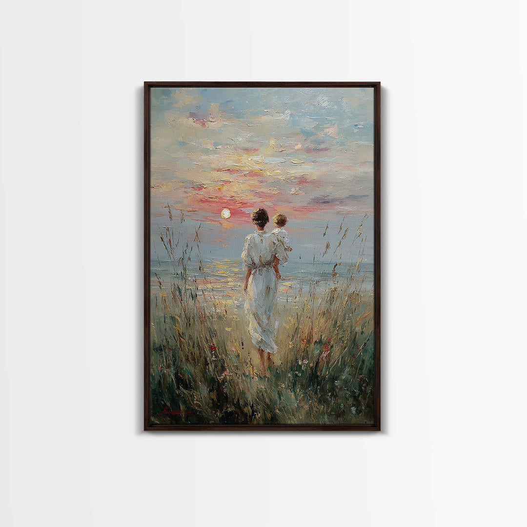 Mother And Child Watching Sunset Over Lake Framed Canvas Print, Coastal Wall Art, Serene Bedroom Decor, Motherhood Gift, Fine Art Print