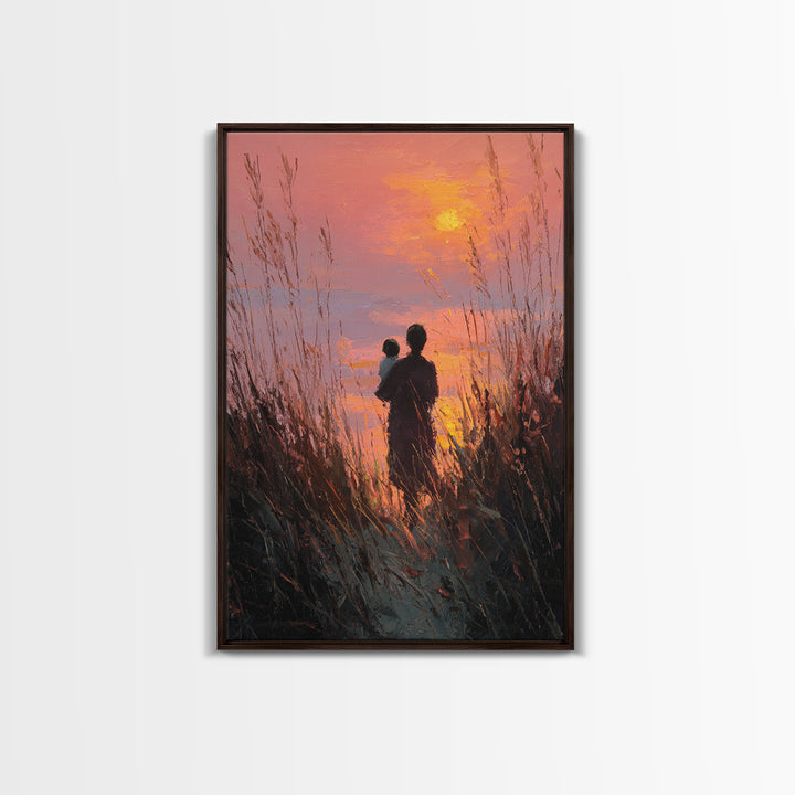 Silhouette Mother And Baby At Orange Sunset Canvas Print, Coastal Wall Art, Romantic Bedroom Decor, Gift For Mom, Sunset Art