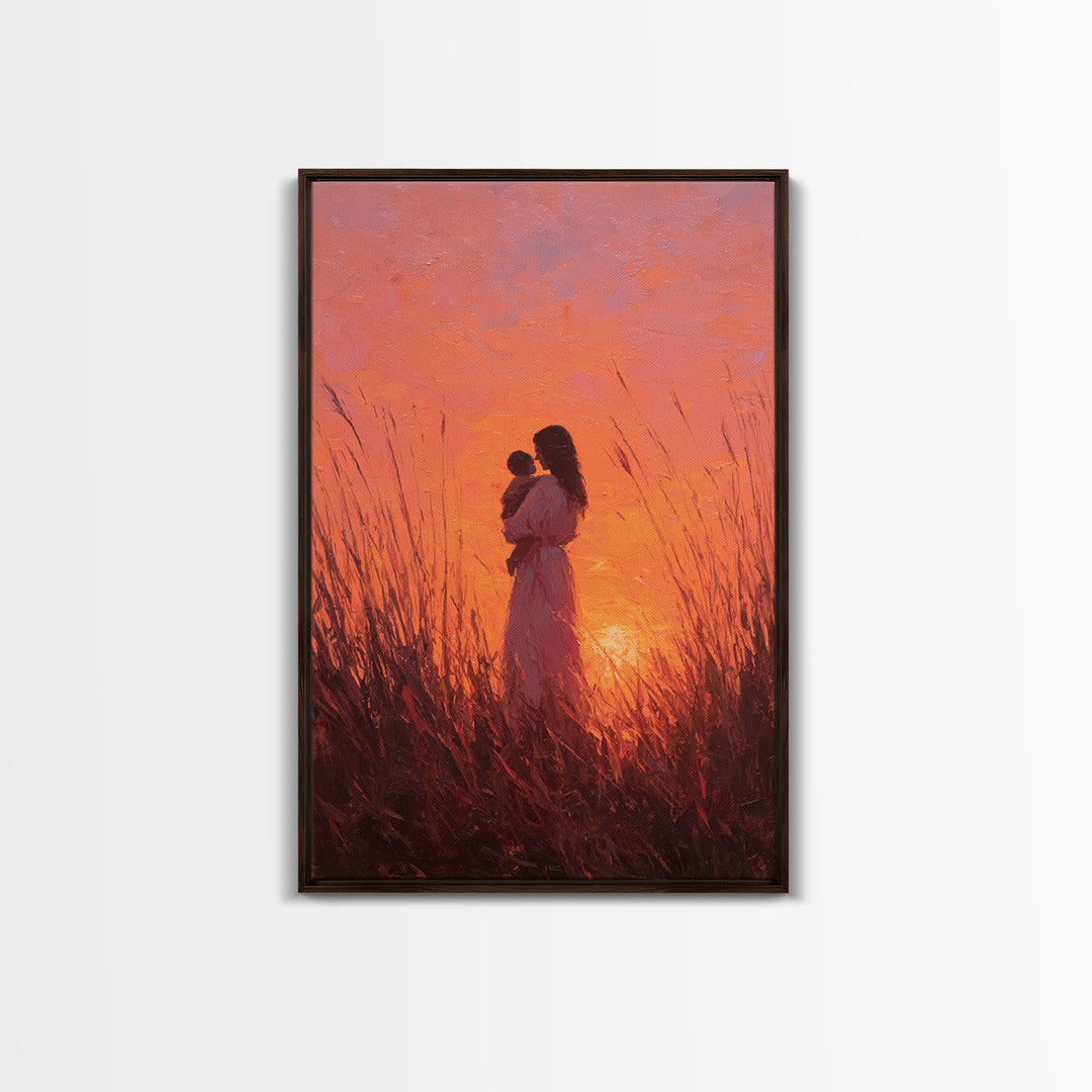 Mother And Baby In Fiery Sunset Grass Canvas Print, Romantic Wall Art, Warm Orange Decor, Nursery Wall Art, Gift For Her