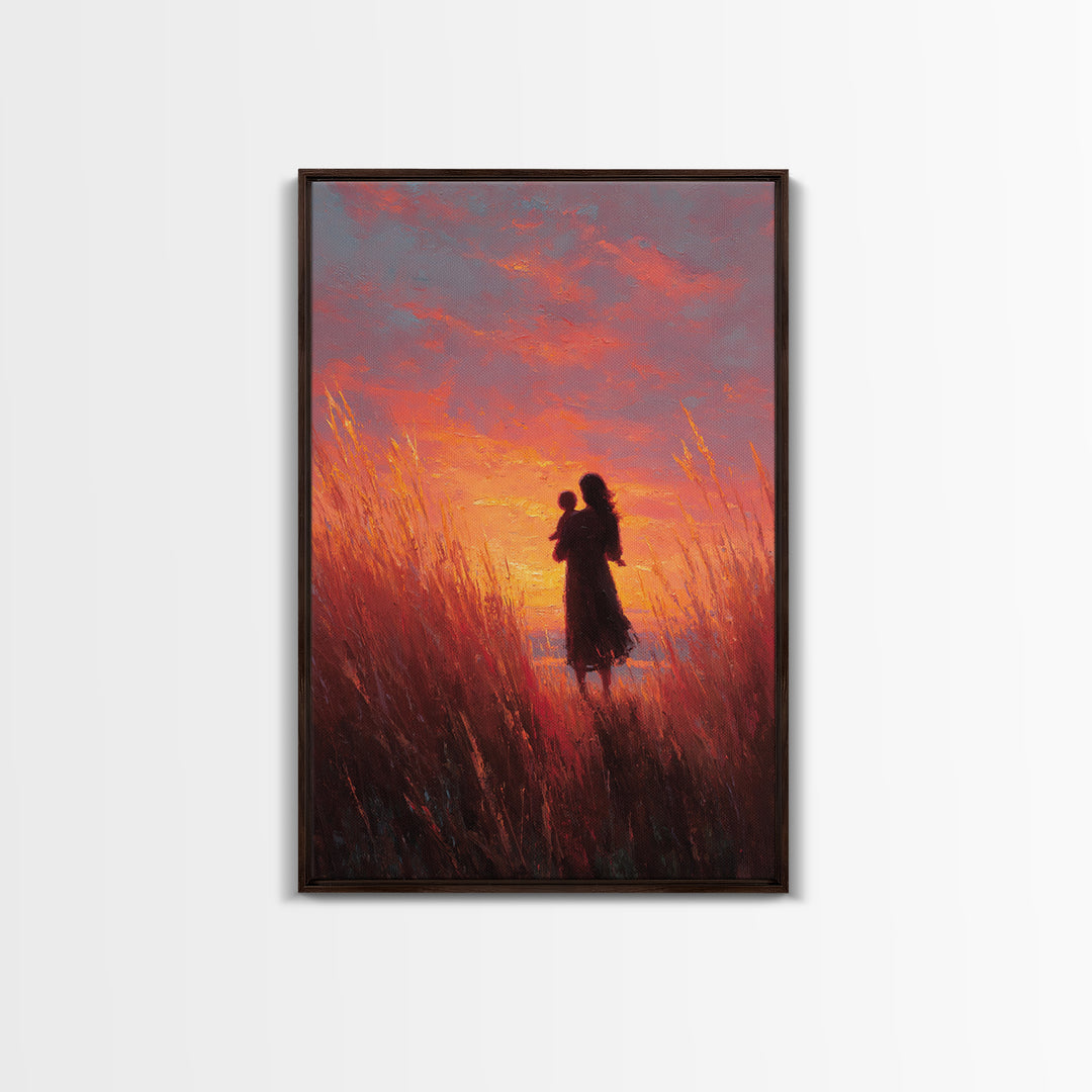 Mother And Baby Sunset Meadow Wall Art, Impressionist Oil Painting Print, Feminine Nursery Decor, Gift For Mom, Living Room Decor
