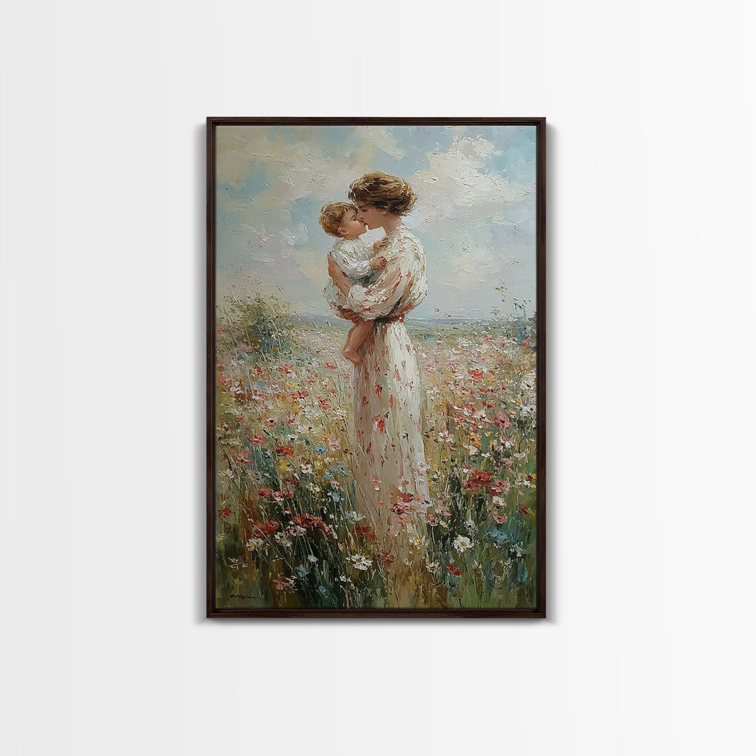 Mother Kissing Baby In Wildflower Field Canvas Print, Impressionist Floral Wall Art, Nursery Decor, Gift For Her, Mothers Day Gift
