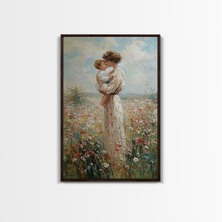 Mother Kissing Baby In Wildflower Field Canvas Print, Impressionist Floral Wall Art, Nursery Decor, Gift For Her, Mothers Day Gift