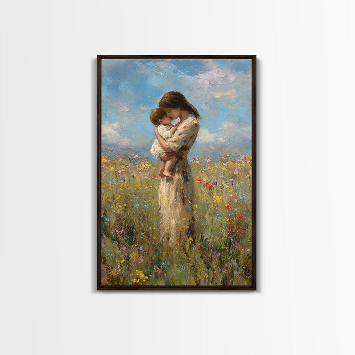Tender Mother And Baby Wildflower Meadow Wall Art, Impressionist Oil Painting, Feminine Nursery Decor, Gift For Mom, Bedroom Decor