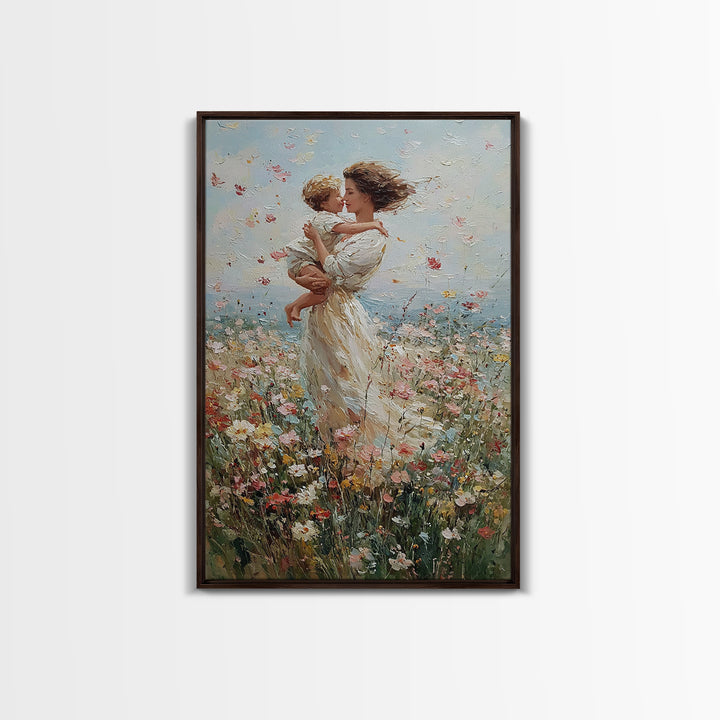Windblown Mother And Baby Floral Meadow Framed Canvas Print, Coastal Impressionist Wall Art, Nursery Decor, Gift For Mom