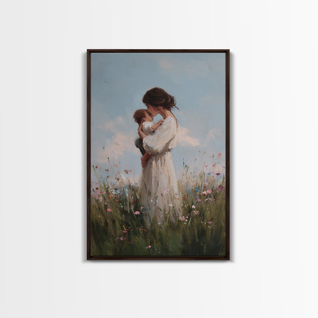Mother Cuddling Baby In Soft Meadow Framed Canvas Print, Minimalist Floral Wall Art, Calming Nursery Decor, Gift For Mom