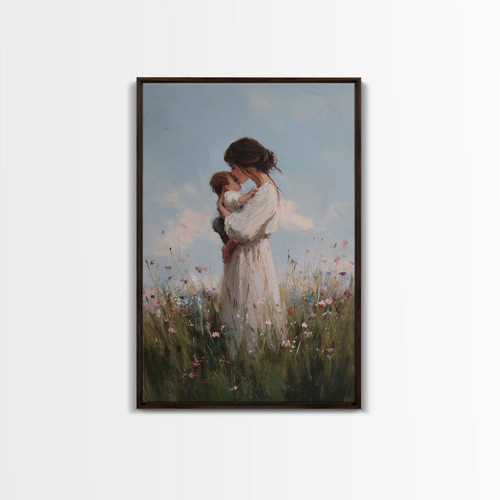 Mother Cuddling Baby In Soft Meadow Framed Canvas Print, Minimalist Floral Wall Art, Calming Nursery Decor, Gift For Mom