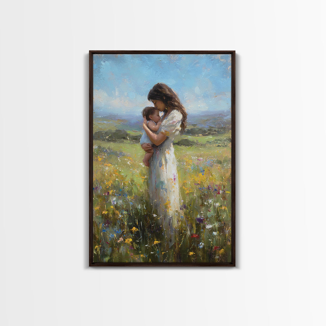 Mother And Baby In Rolling Hills Meadow Canvas Print, Impressionist Landscape Wall Art, Floral Nursery Decor, Gift For Mom