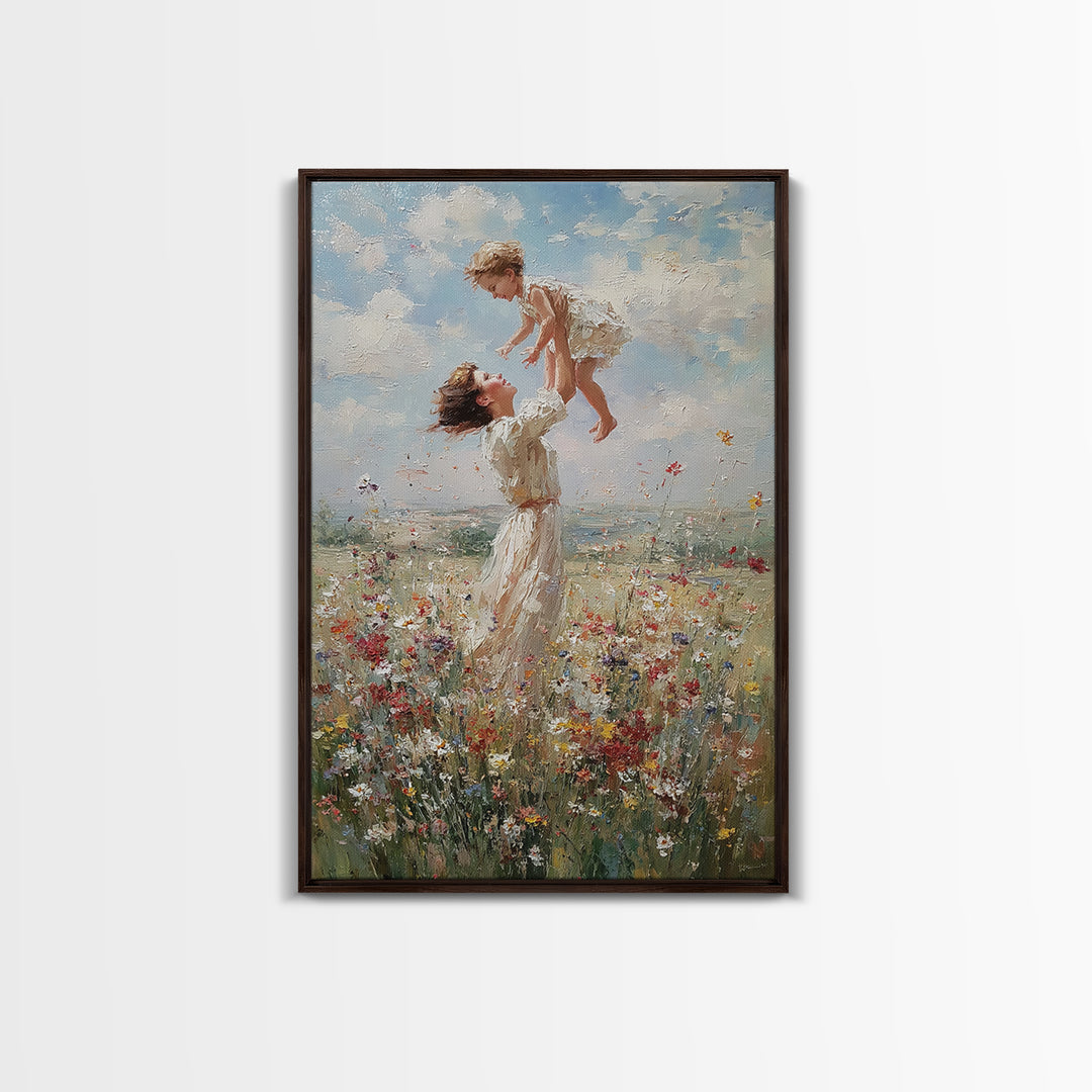 Mother Lifting Child Above Wildflower Meadow Wall Art, Joyful Impressionist Oil Painting Print, Nursery Decor, Gift For Mom