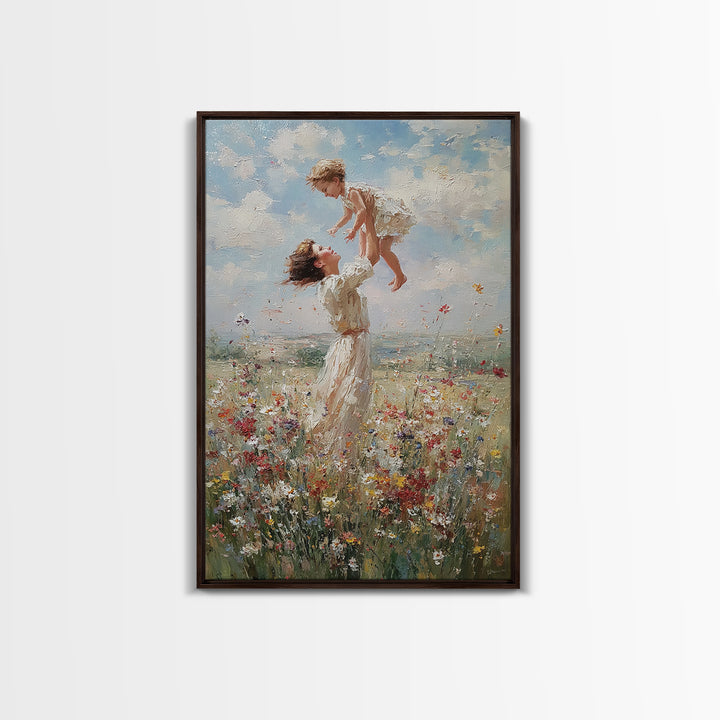 Mother Lifting Child Above Wildflower Meadow Wall Art, Joyful Impressionist Oil Painting Print, Nursery Decor, Gift For Mom