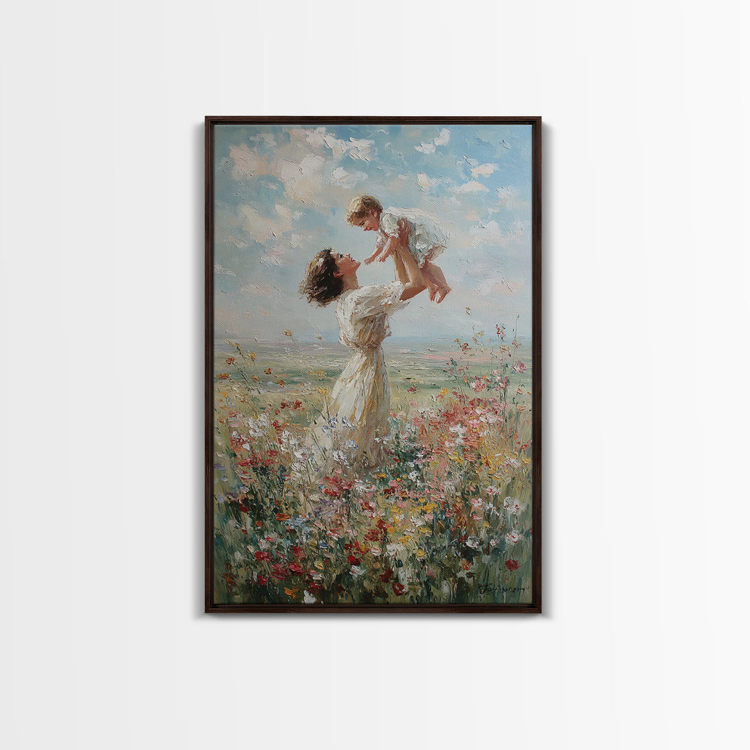Mother Lifting Baby In Soft Wildflower Meadow Wall Art, Impressionist Oil Painting, Nursery Decor, Mothers Day Gift For Mom