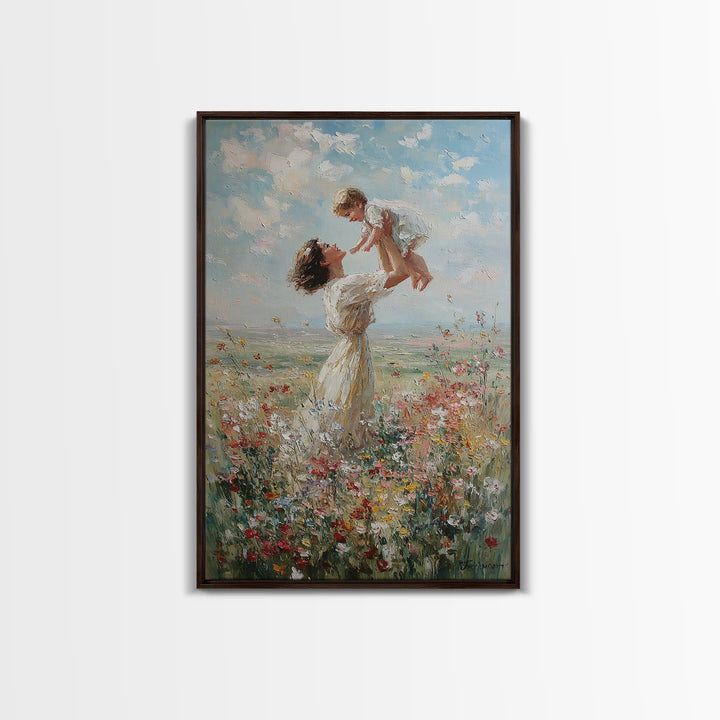 Mother Lifting Baby In Soft Wildflower Meadow Wall Art, Impressionist Oil Painting, Nursery Decor, Mothers Day Gift For Mom