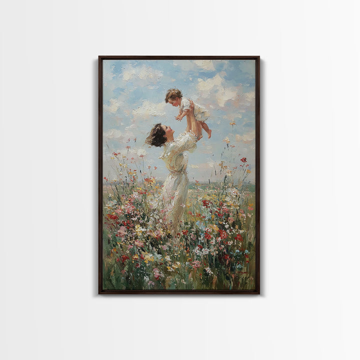 Airy Mother And Toddler In Wild Meadow Framed Canvas Print, Impressionist Wall Art, Living Room Decor, Mothers Day Gift For Mom