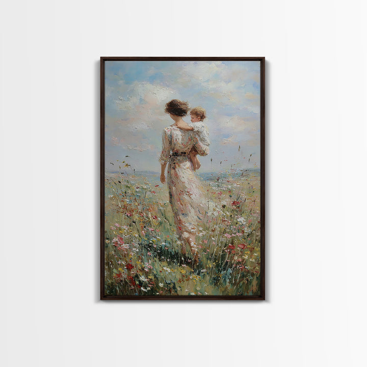 Mother And Child Walking Through Wildflower Meadow Canvas Print, Impressionist Wall Art, Nursery Decor, Mothers Day Gift