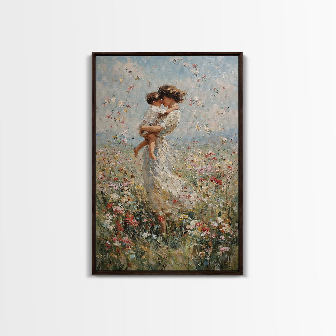 Mother Embracing Baby In Windblown Flower Meadow Framed Canvas Print, Impressionist Floral Wall Art, Nursery Decor, Mothers Day Gift For Mom