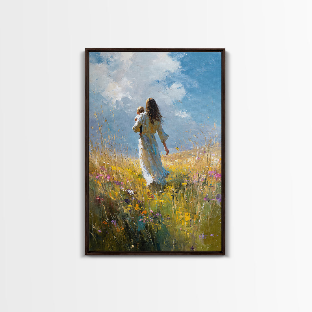 Mother Carrying Child Through Sunny Meadow Canvas Print, Impressionist Landscape Wall Art, Nursery Decor, Mothers Day Gift For Mom
