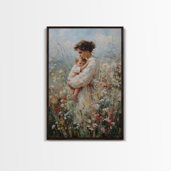 Tender Mother Cuddling Baby In Wildflowers Framed Canvas Print, Impressionist Floral Wall Art, Nursery Decor, Mothers Day Gift For Mom