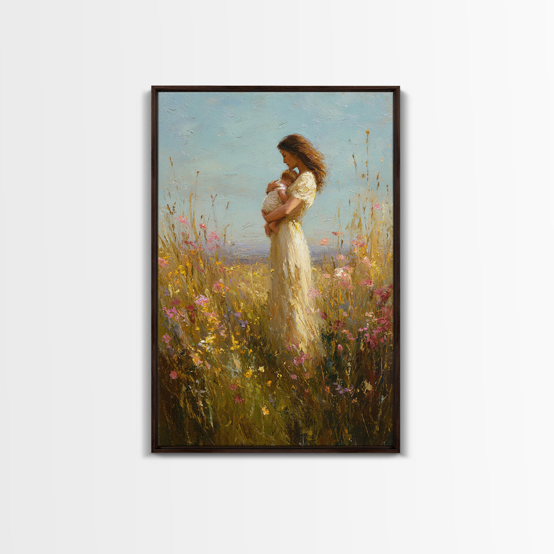 Mother Holding Baby In Wildflower Meadow Wall Art, Impressionist Oil Painting, Feminine Nursery Decor, Gift For Mom, Home Decor