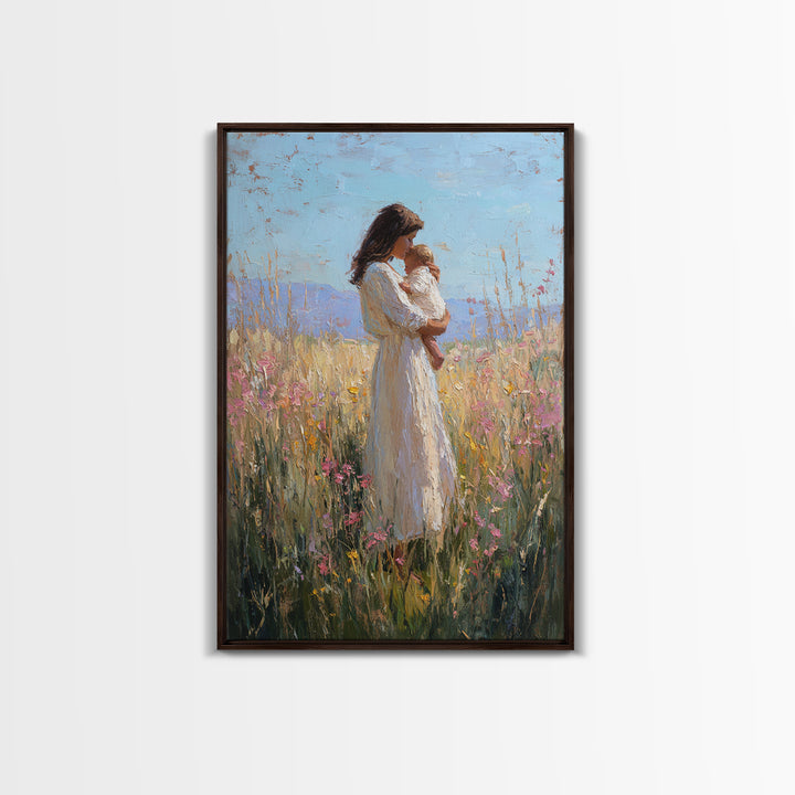 Mother And Baby In Sunlit Wildflower Field Framed Canvas Print, Impressionist Painting, Nursery Wall Art, Gift For Mom, Decor