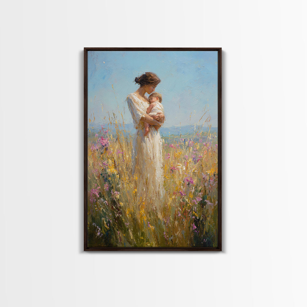 Mother Cradling Baby In Golden Wildflower Meadow Canvas Print, Impressionist Oil Painting, Feminine Wall Art, Gift For Mom
