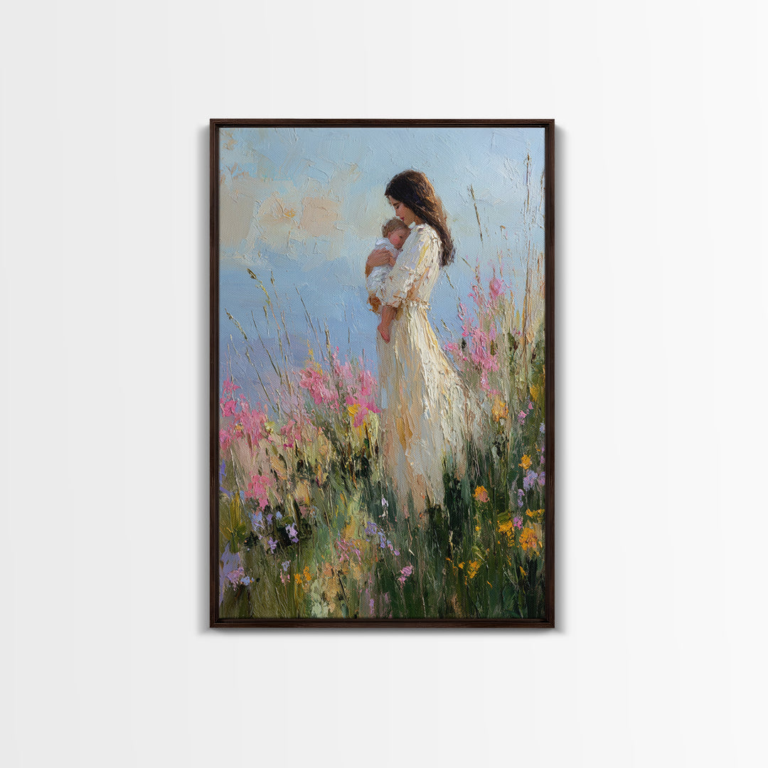 Mother And Newborn In Pink Wildflower Garden Wall Art, Impressionist Oil Painting, Feminine Nursery Decor, Gift For Mom, Home Decor