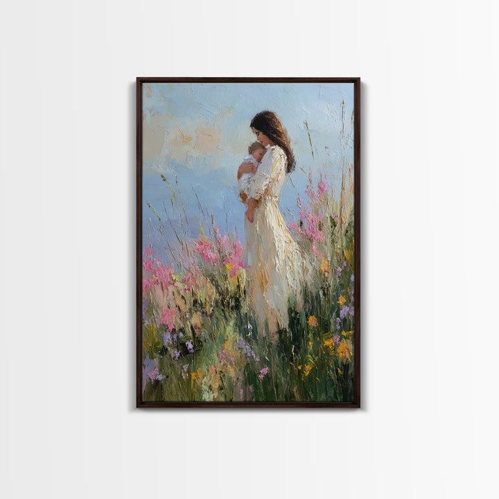 Mother And Newborn In Pink Wildflower Garden Wall Art, Impressionist Oil Painting, Feminine Nursery Decor, Gift For Mom, Home Decor