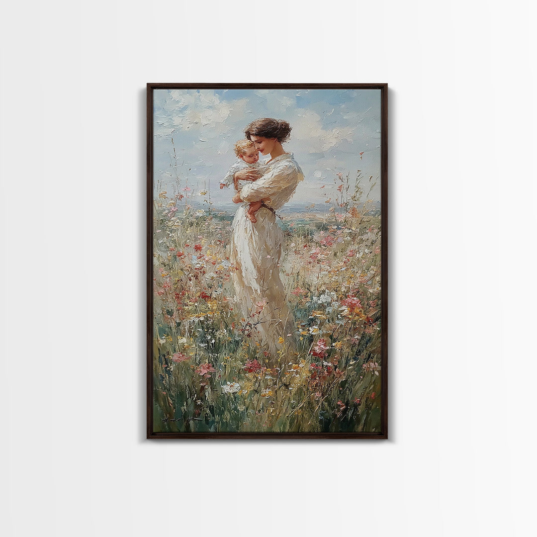 Mother And Baby Among Daisies And Wildflowers Framed Canvas Print, Impressionist Painting, Nursery Wall Art, Gift For Mom