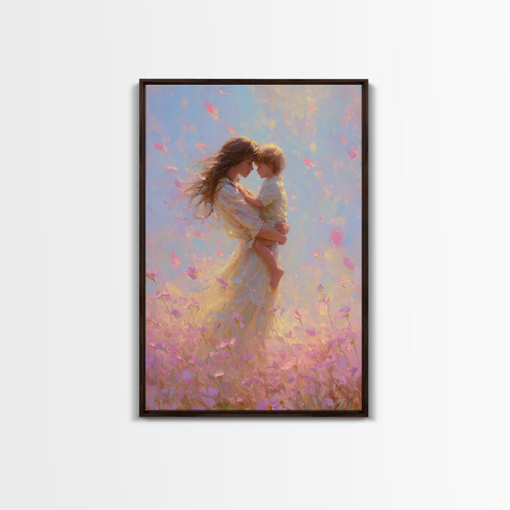 Mother Holding Child In Pink Petal Meadow Framed Canvas Print, Dreamy Impressionist Painting, Feminine Wall Art, Gift For Mom