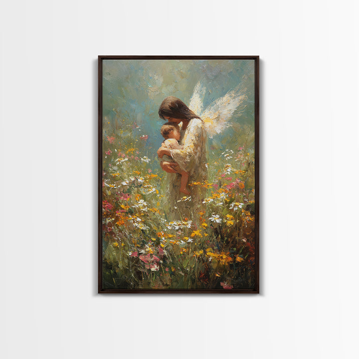 Angel Mother Holding Baby In Wildflower Meadow Framed Canvas Print, Guardian Angel Nursery Art, Spiritual Gift For Mom, Home Decor