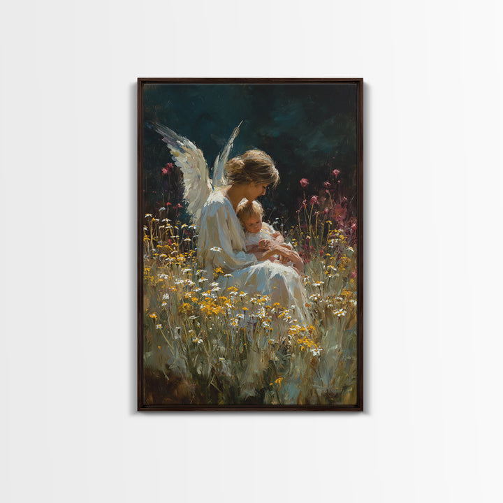 Seated Guardian Angel With Baby In Daisy Meadow Canvas Print, Spiritual Nursery Wall Art, Gift For Her, Moody Home Decor