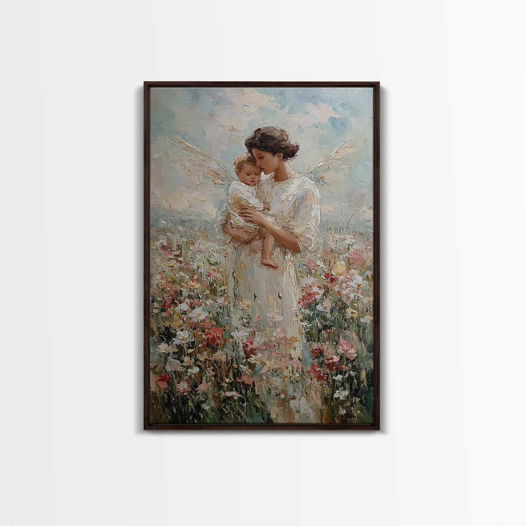 Tender Angel Mother And Baby In Flower Field Framed Canvas Print, Spiritual Wall Art, Nursery Decor, Gift For Mom, Fine Art Print