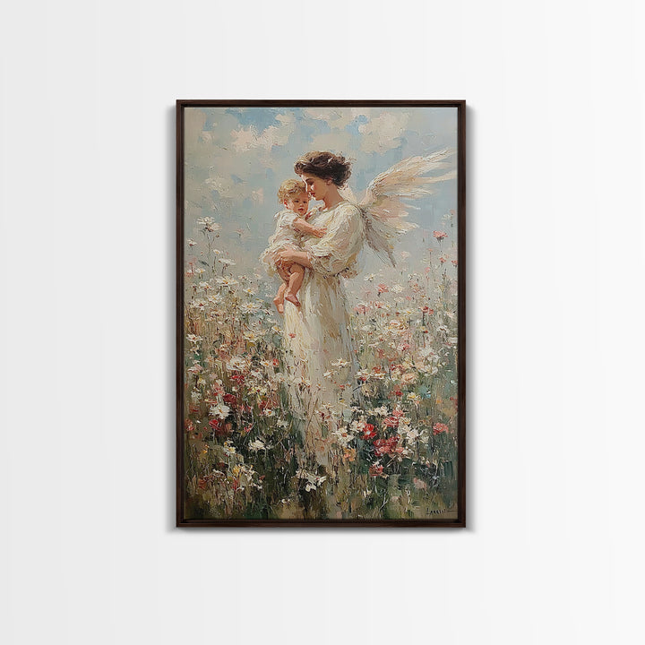 Standing Guardian Angel Holding Baby In Wildflower Field Canvas Print, Spiritual Wall Art, Nursery Decor, Gift For Mom, Home Decor