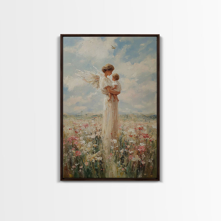 White Winged Angel Cradling Baby In Sunny Meadow Wall Art, Christian Nursery Decor, Spiritual Gift For Mom, Fine Art Print