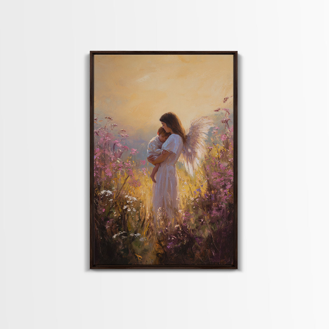 Sunset Angel Mother Holding Baby Among Purple Wildflowers Canvas Print, Spiritual Wall Art, Gift For Mom, Nursery Home Decor