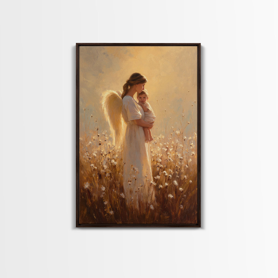 Golden Angel Mother And Baby In Cotton Meadow Framed Canvas Print, Warm Spiritual Wall Art, Nursery Home Decor, Gift For Mom