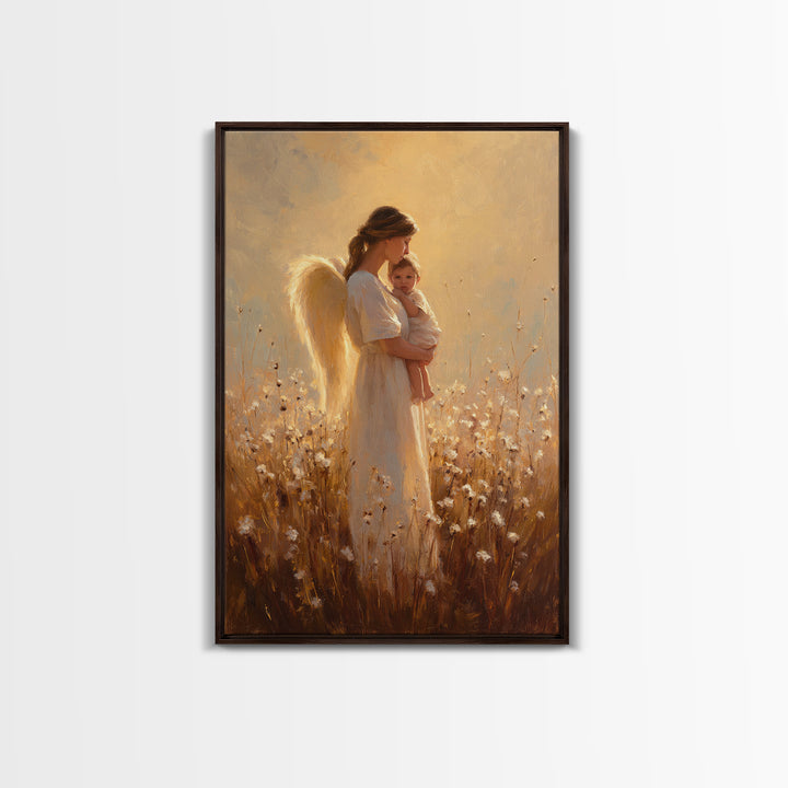 Golden Angel Mother And Baby In Cotton Meadow Framed Canvas Print, Warm Spiritual Wall Art, Nursery Home Decor, Gift For Mom