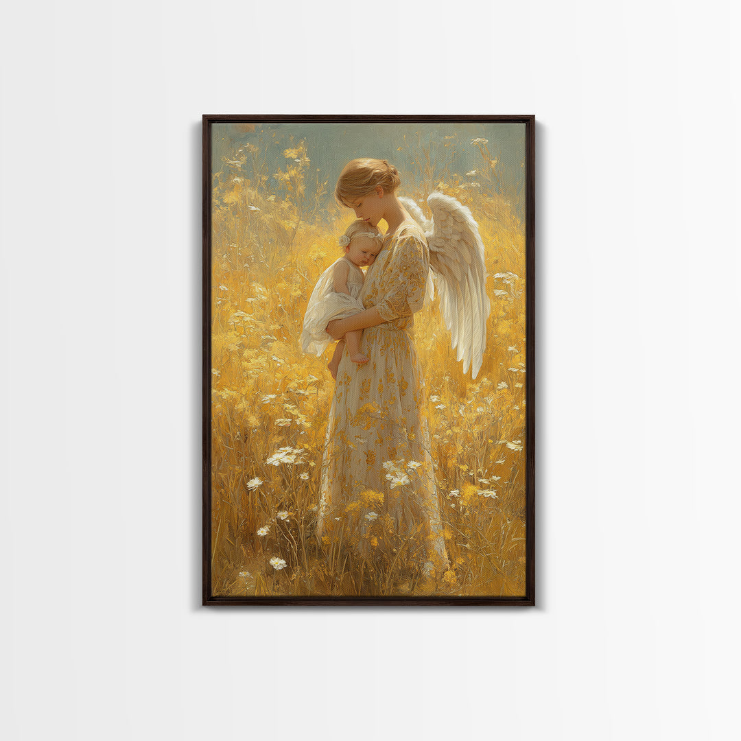 Golden Meadow Angel Holding Sleeping Baby Framed Canvas Print, Spiritual Nursery Wall Art, Gift For Mom, Christian Home Decor