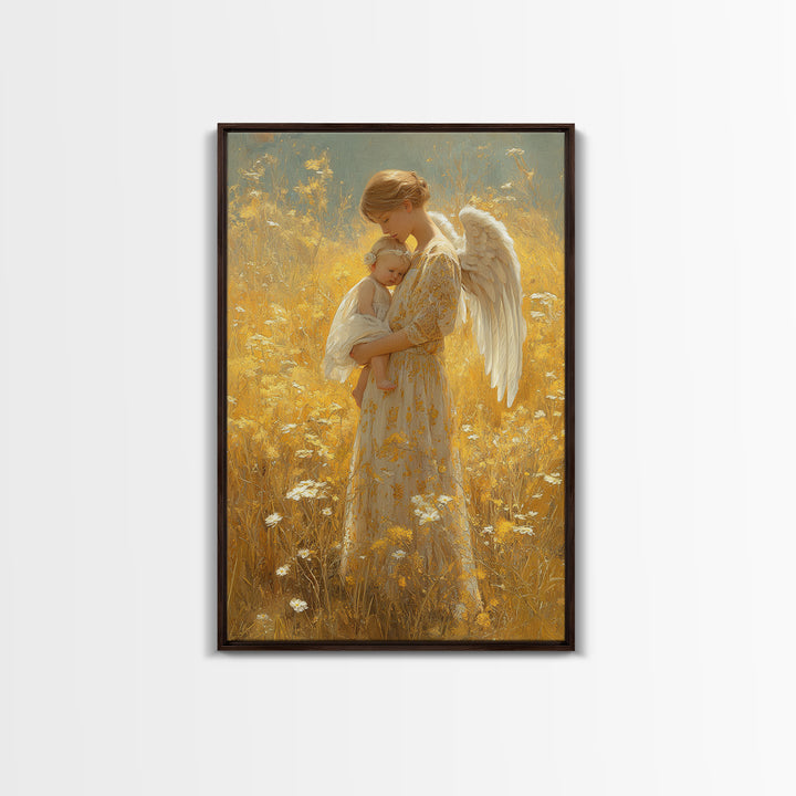 Golden Meadow Angel Holding Sleeping Baby Framed Canvas Print, Spiritual Nursery Wall Art, Gift For Mom, Christian Home Decor