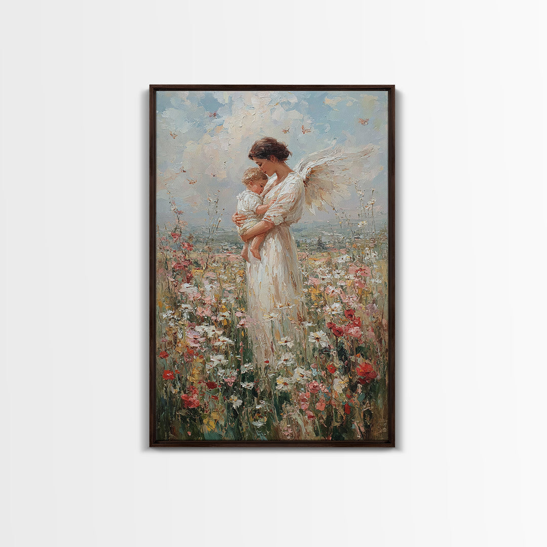 Guardian Angel Mother And Baby In Wildflower Meadow Wall Art, Spiritual Nursery Decor, Christian Gift, Fine Art Print, Home Decor
