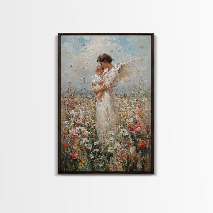 Guardian Angel Mother And Baby In Wildflower Meadow Wall Art, Spiritual Nursery Decor, Christian Gift, Fine Art Print, Home Decor