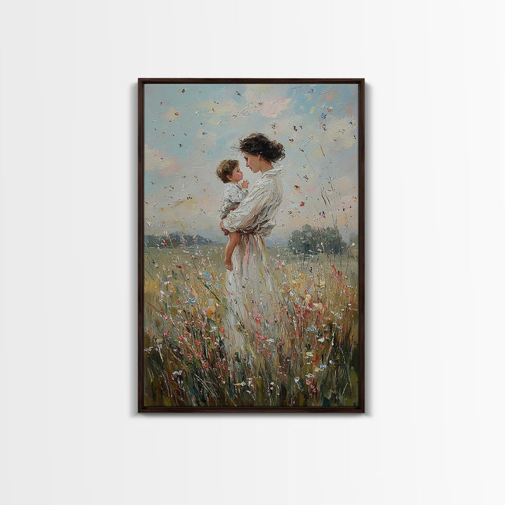 Mother And Baby In Windy Wildflower Meadow Canvas Print, Feminine Wall Art, Nursery Decor, Gift For Mom, Home Decor, Living Room Decor