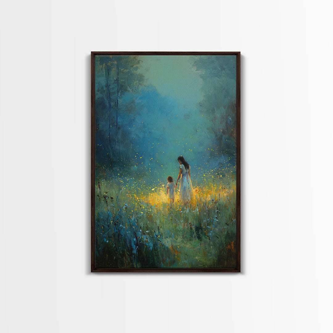 Mother And Child In Glowing Blue Forest Framed Canvas Print, Fantasy Wall Art, Nature Wall Art, Nursery Decor, Gift For Her