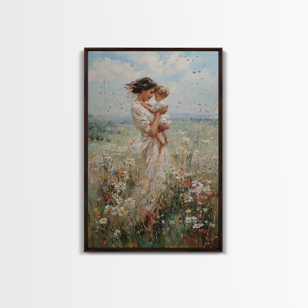 Mother Kissing Baby In Sunlit Wildflower Meadow Wall Art, Feminine Nursery Decor, Fine Art Print, Gift For Mom, Home Decor