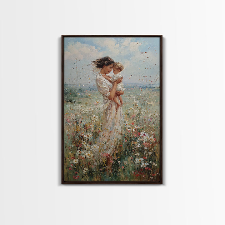 Mother Kissing Baby In Sunlit Wildflower Meadow Wall Art, Feminine Nursery Decor, Fine Art Print, Gift For Mom, Home Decor