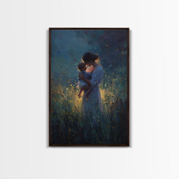 Mother And Baby With Golden Fireflies At Night Framed Canvas Print, Moody Wall Art, Spiritual Gift, Bedroom Wall Art, Nursery Decor