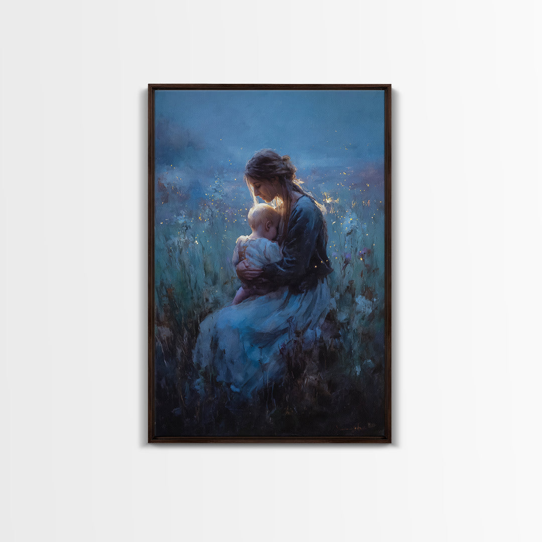 Seated Mother And Baby In Blue Twilight Meadow Wall Art, Moody Nursery Decor, Fine Art Print, Gift For Her, Home Decor, Living Room Decor